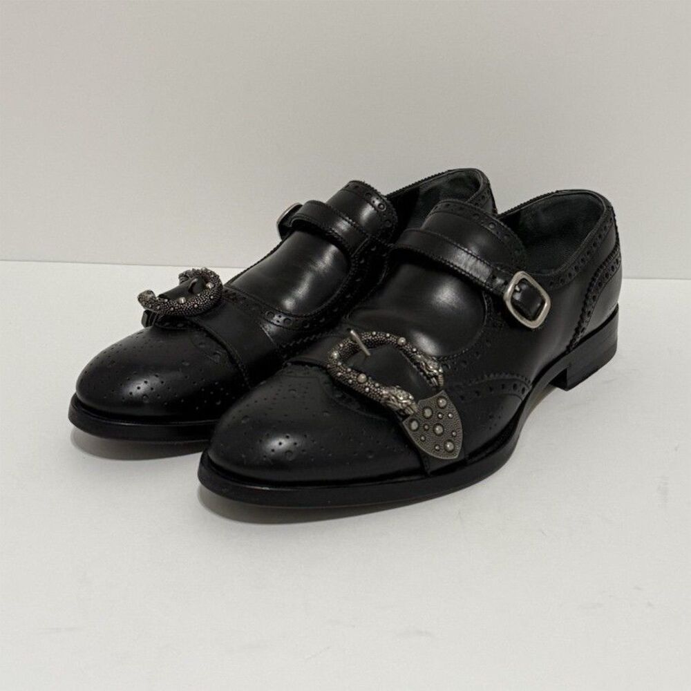 Gucci Black Leather Bee Monk Strap Wingtip Dress Shoes - EU 42 MPN 455148 - RARE